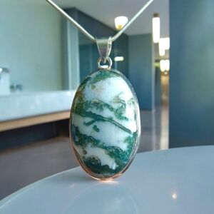 Divine Moss Agate Crystal 925 Sterling Silver Over Pendant Necklace
